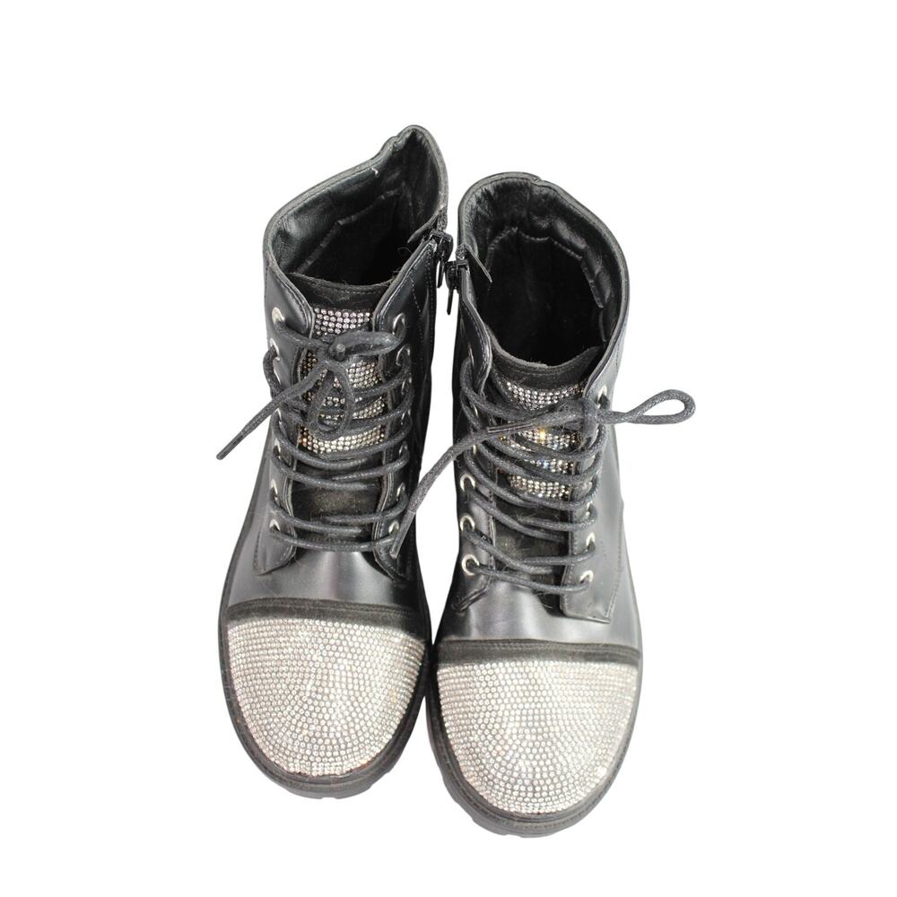 Girls Leslie Lace Up Combat Ankle Boots Black Rhinestone Toe Side Zip Size 2